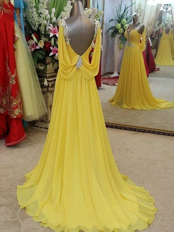 A-line/Princess Straps Sleeveless Beading Sweep/Brush Train Chiffon Dresses