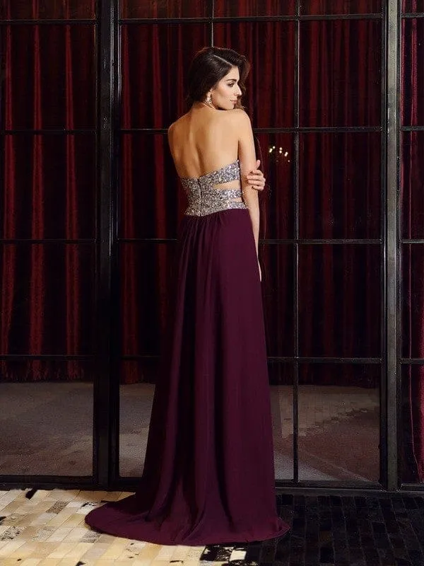 A-Line/Princess Sweetheart Beading Sleeveless Long Chiffon Dresses