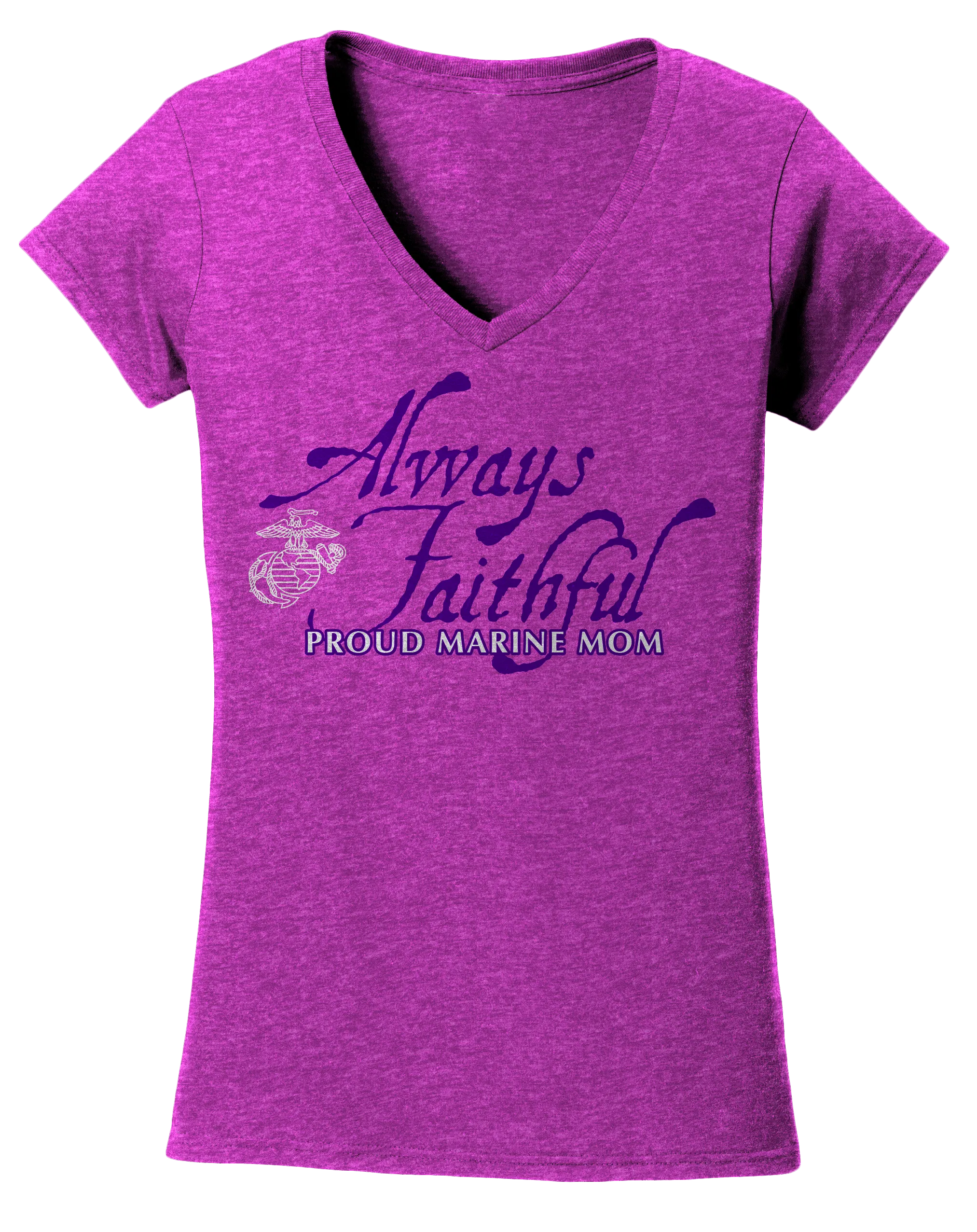 Always Faithful Proud Marine Mom Ladies USMC V-Neck T-Shirt-Heather Orchid