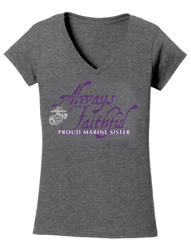 Always Faithful Proud Marine Sister Ladies USMC V-Neck T-Shirt-Sport Grey