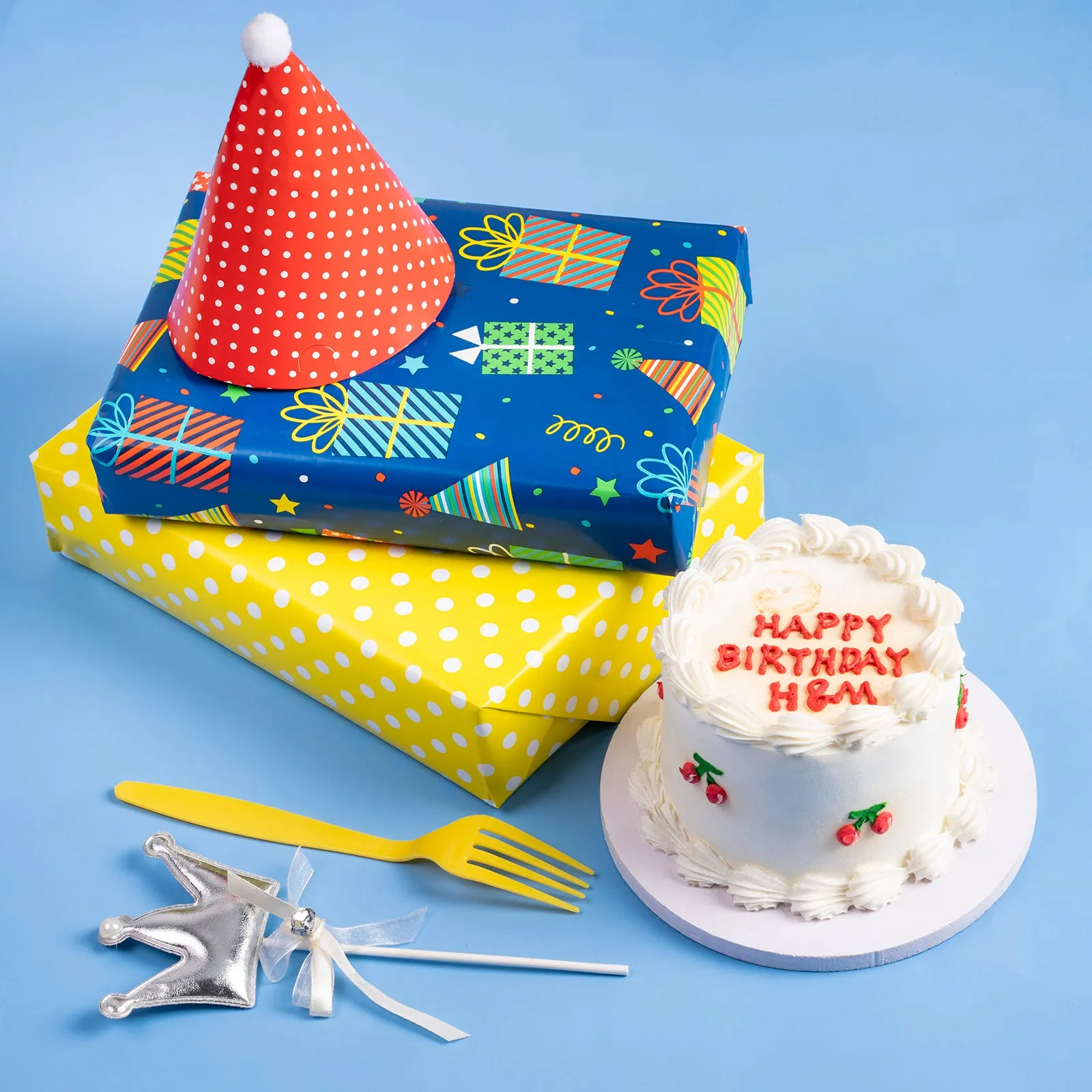 Birthday Gift Blue Wrapping Paper with Yellow Polka Dot on Reverse
