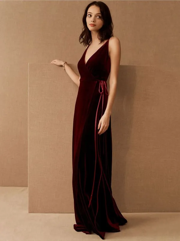 Black Evening Dress A-Line V-Neck Floor-Length Sleeveless Zipper Sash Matte Satin Formal Party Dresses