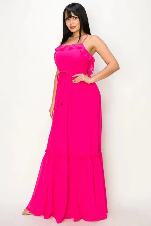 Chiffon Strap Ruffled Tie Waist Maxi Dress Hot Pink