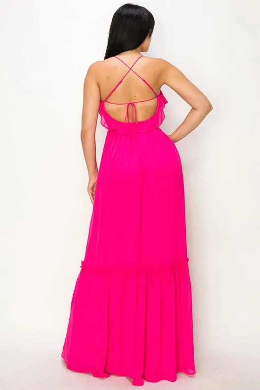 Chiffon Strap Ruffled Tie Waist Maxi Dress Hot Pink
