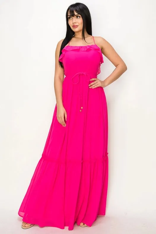 Chiffon Strap Ruffled Tie Waist Maxi Dress Hot Pink
