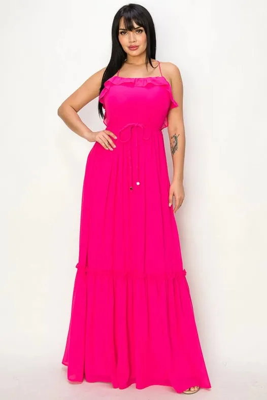Chiffon Strap Ruffled Tie Waist Maxi Dress Hot Pink