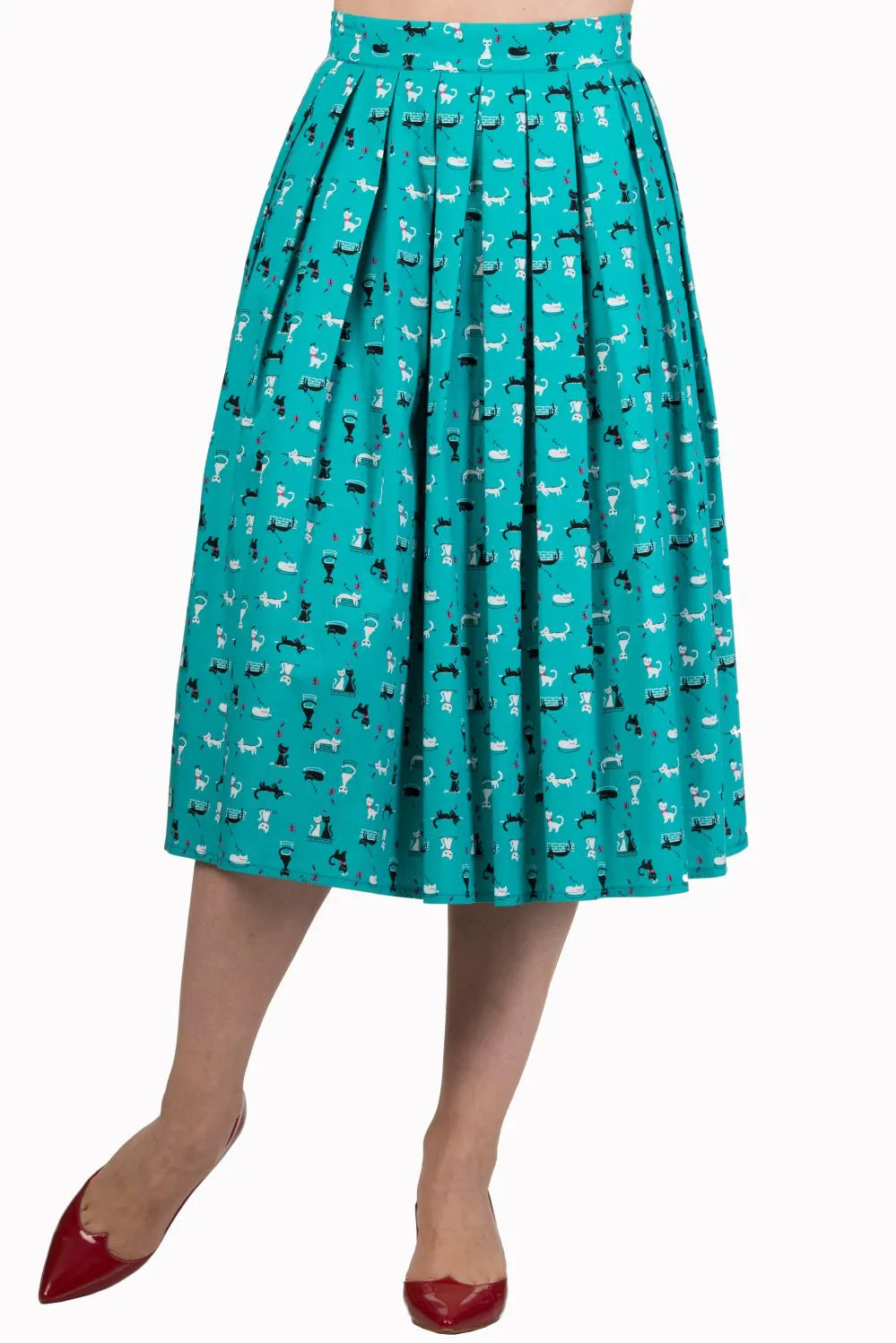 Dancing Days 6Retro Kitty Love Vintage Kitty cat Print Pleated midi skirt - Teal Green
