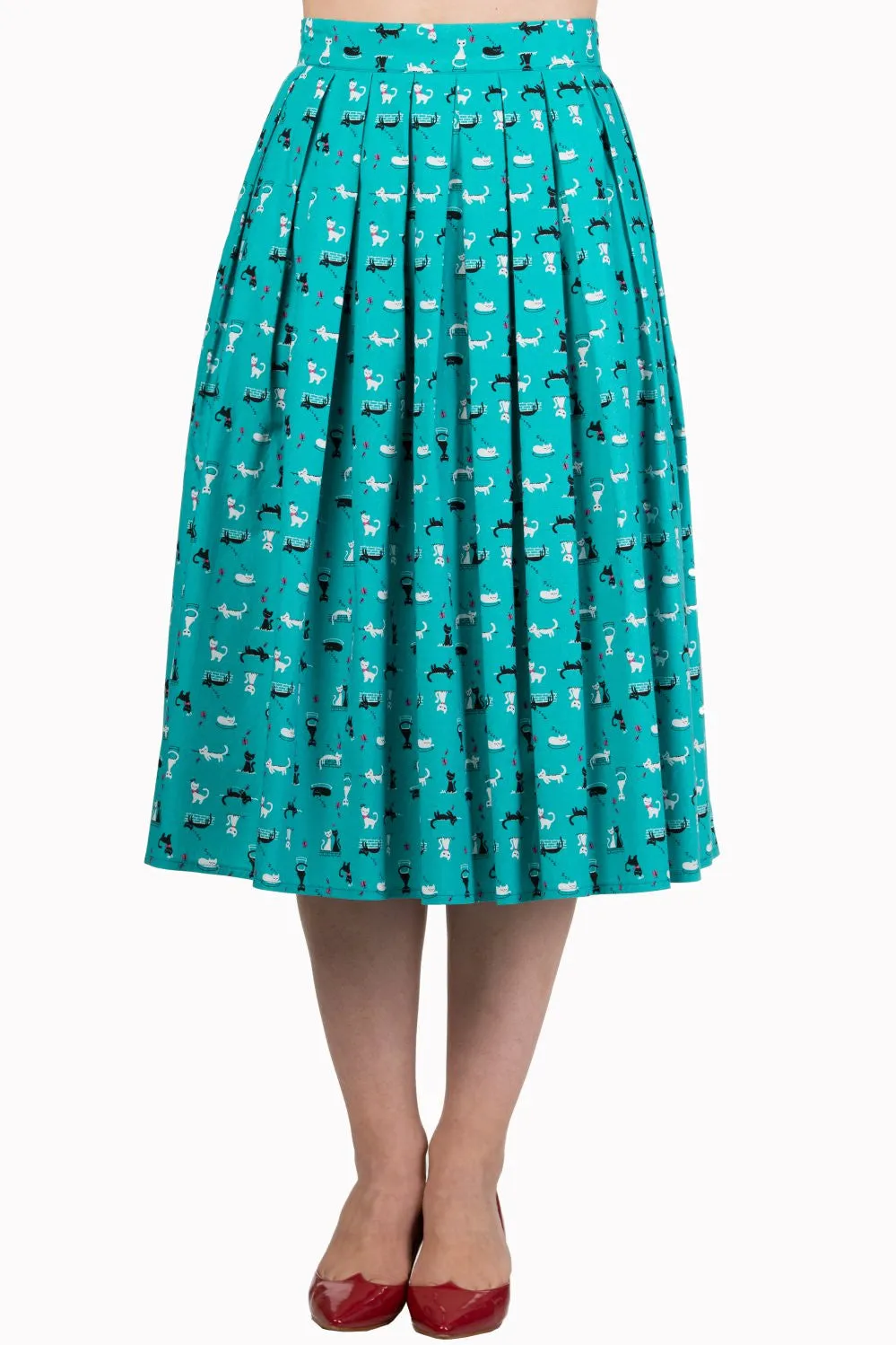 Dancing Days 6Retro Kitty Love Vintage Kitty cat Print Pleated midi skirt - Teal Green