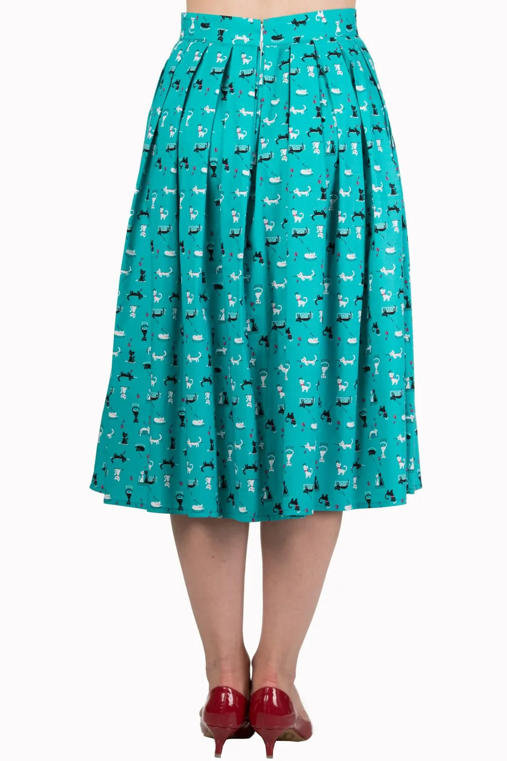 Dancing Days 6Retro Kitty Love Vintage Kitty cat Print Pleated midi skirt - Teal Green