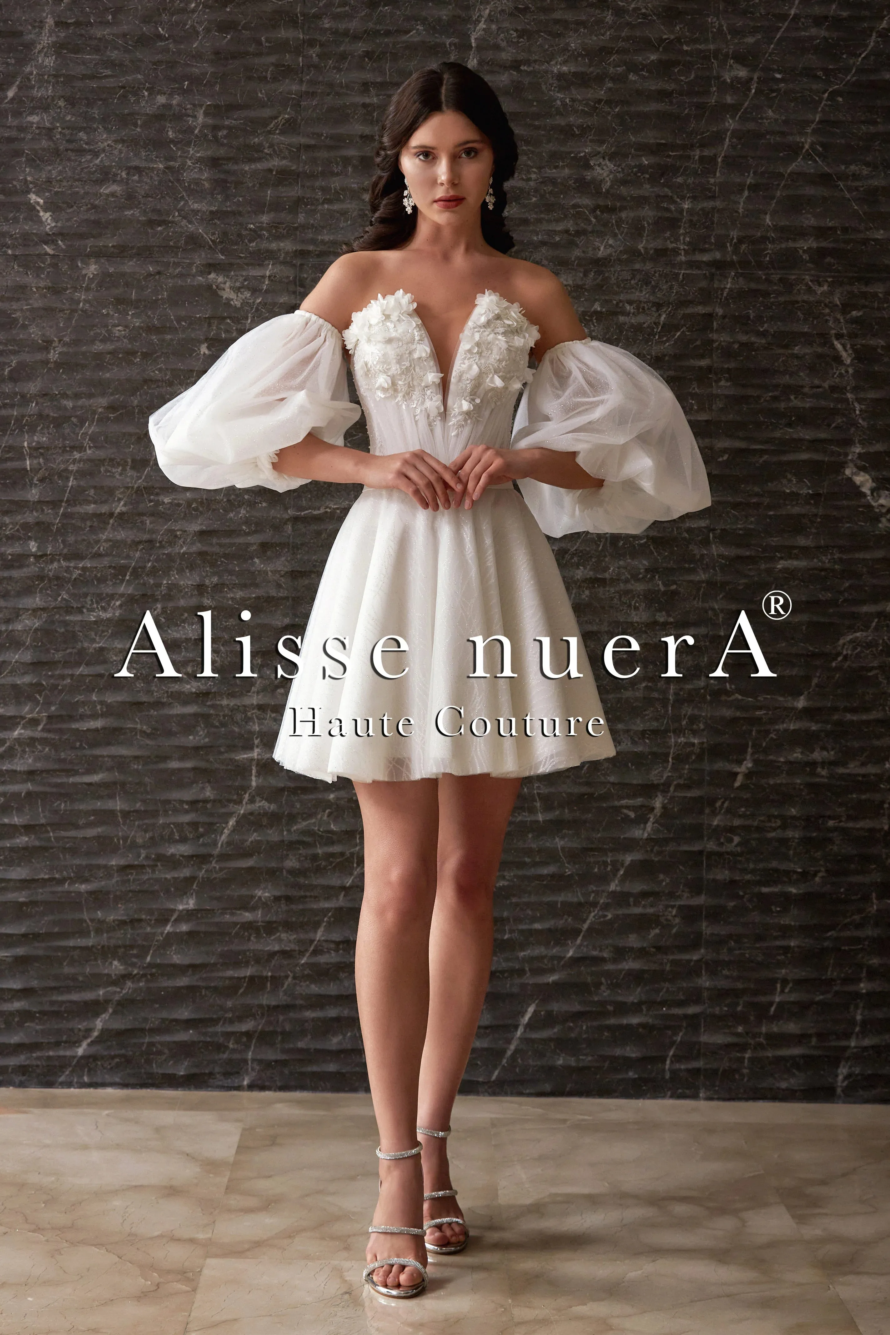 Detachable Balloon Sleeve 3D Effect Floral Top Mini Bridal Dress with Removable Pleated Skirt