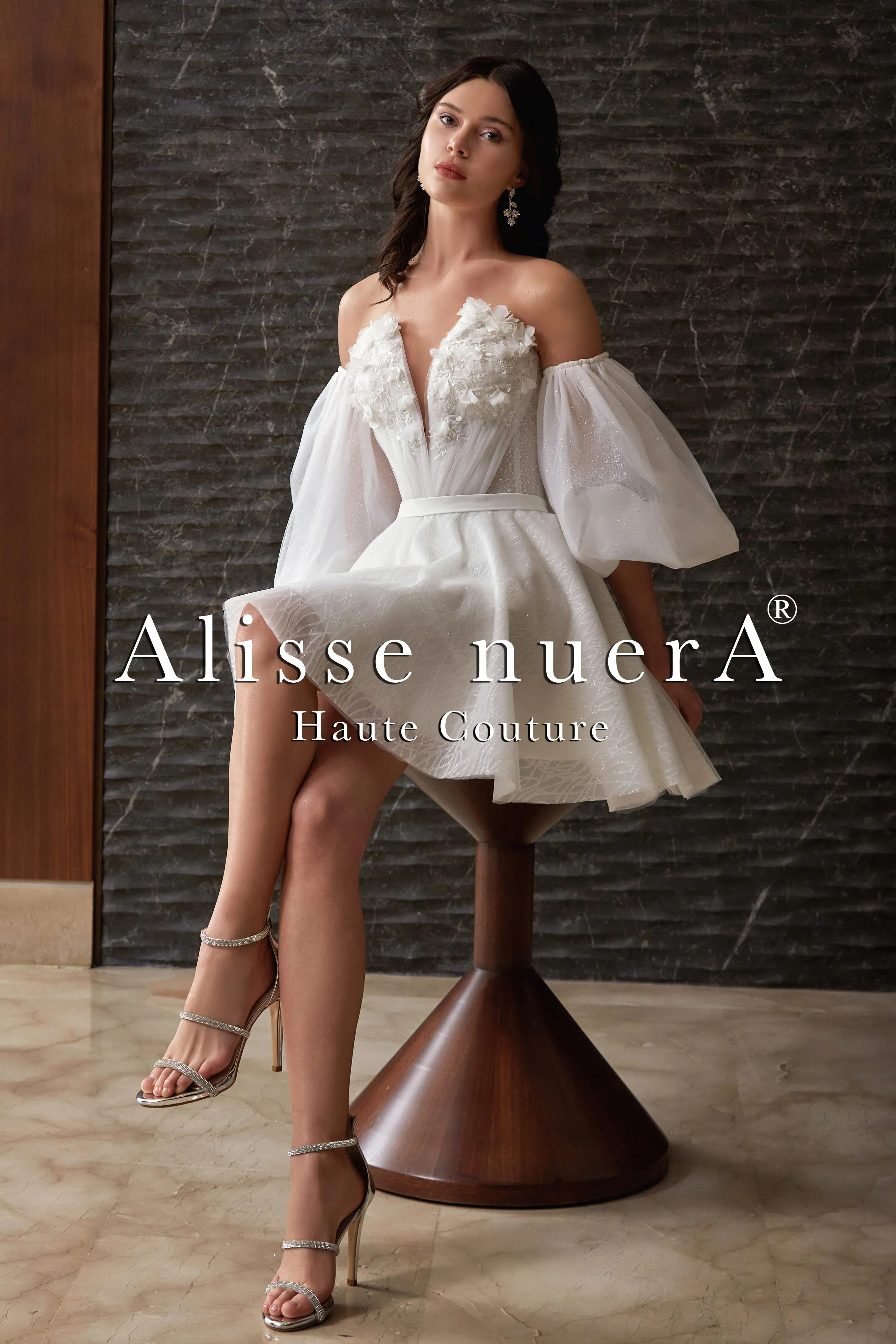 Detachable Balloon Sleeve 3D Effect Floral Top Mini Bridal Dress with Removable Pleated Skirt