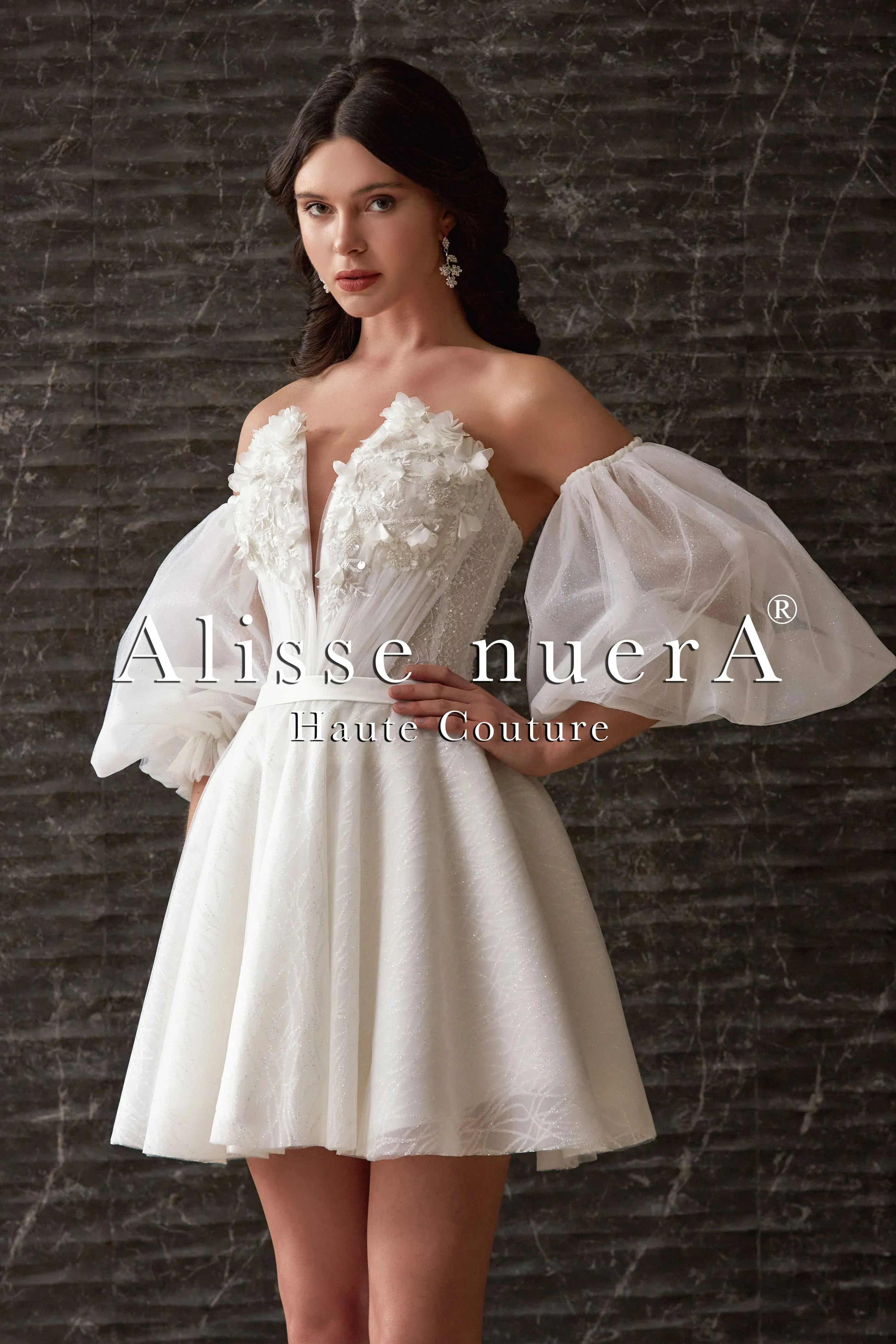 Detachable Balloon Sleeve 3D Effect Floral Top Mini Bridal Dress with Removable Pleated Skirt
