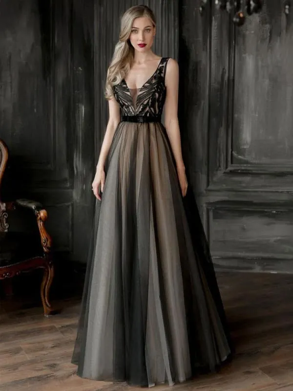 Evening Dress Black A-Line V-Neck Sleeveless Zipper Lace Tulle Floor-Length Formal Party Dresses