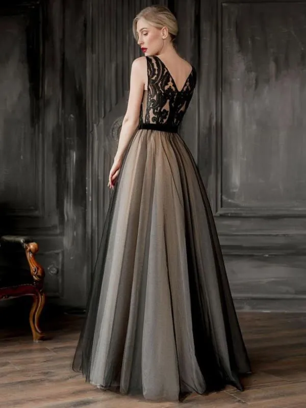 Evening Dress Black A-Line V-Neck Sleeveless Zipper Lace Tulle Floor-Length Formal Party Dresses