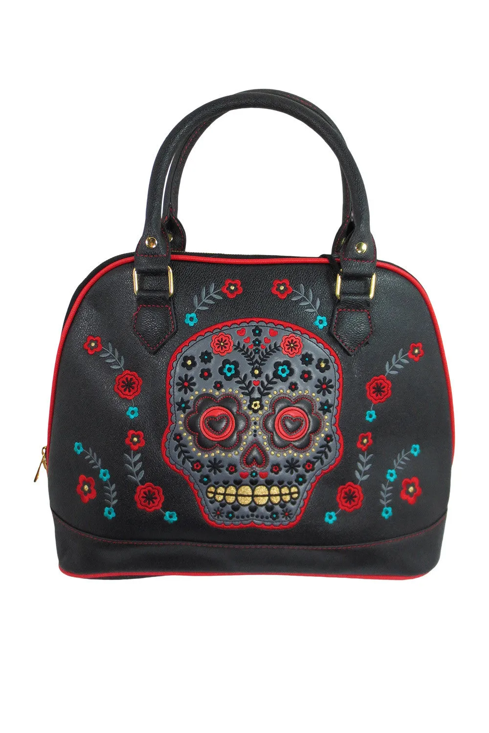 Flower Sugar Skull Bowling Shoulder Bag Black Faux Leather Tattoo Rockabilly