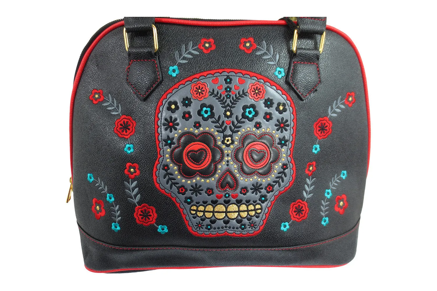 Flower Sugar Skull Bowling Shoulder Bag Black Faux Leather Tattoo Rockabilly