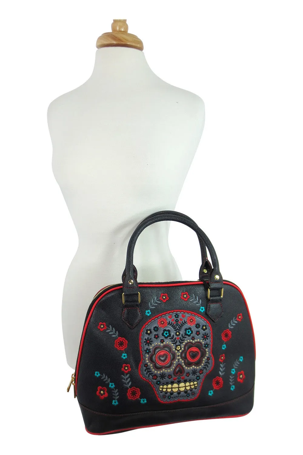 Flower Sugar Skull Bowling Shoulder Bag Black Faux Leather Tattoo Rockabilly