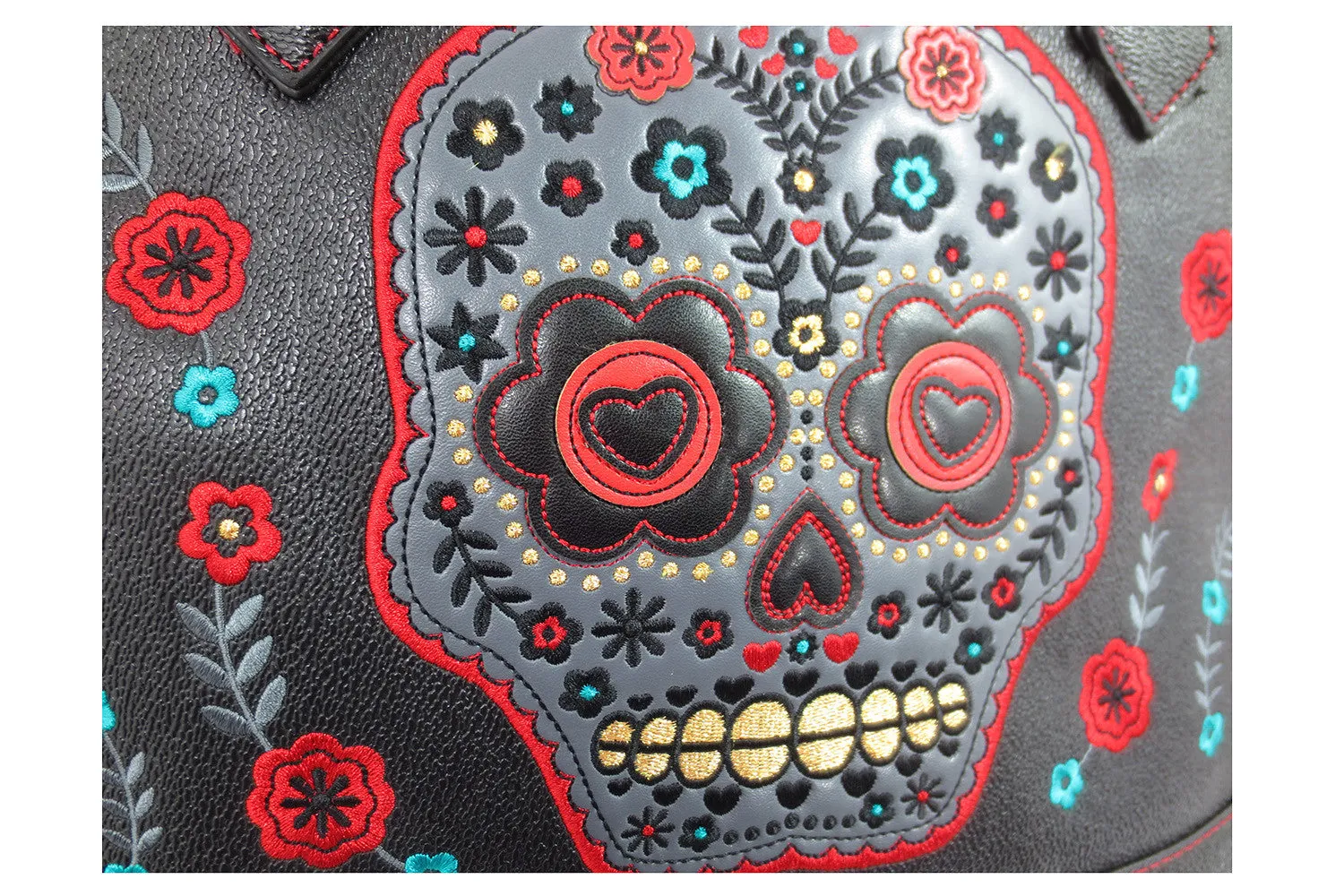 Flower Sugar Skull Bowling Shoulder Bag Black Faux Leather Tattoo Rockabilly