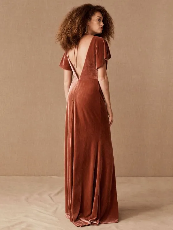 Green Evening Dress A-Line V-Neck Short Sleeves Backless Pleated Velour Floor-Length Formal Dinner Dresses