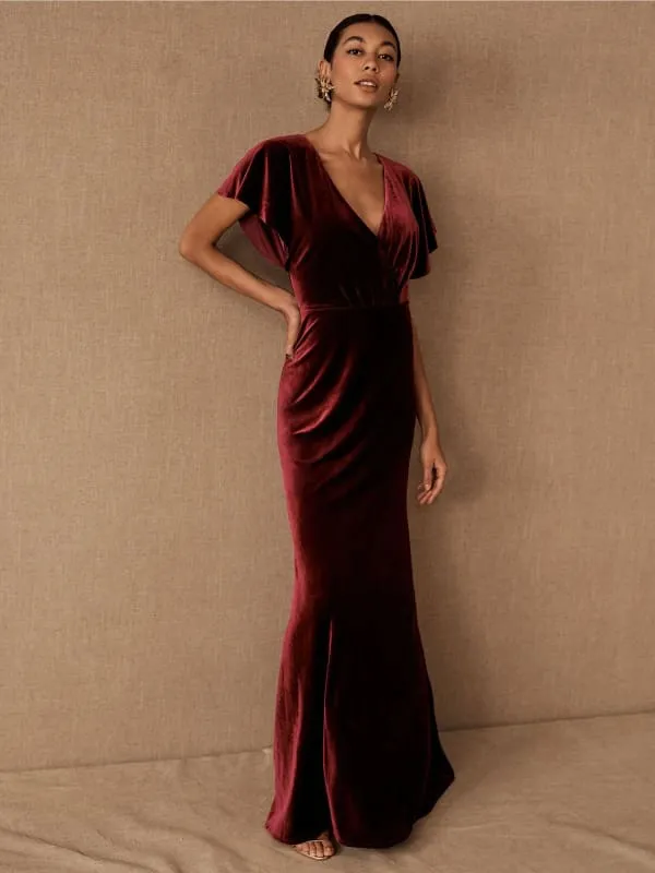Green Evening Dress A-Line V-Neck Short Sleeves Backless Pleated Velour Floor-Length Formal Dinner Dresses
