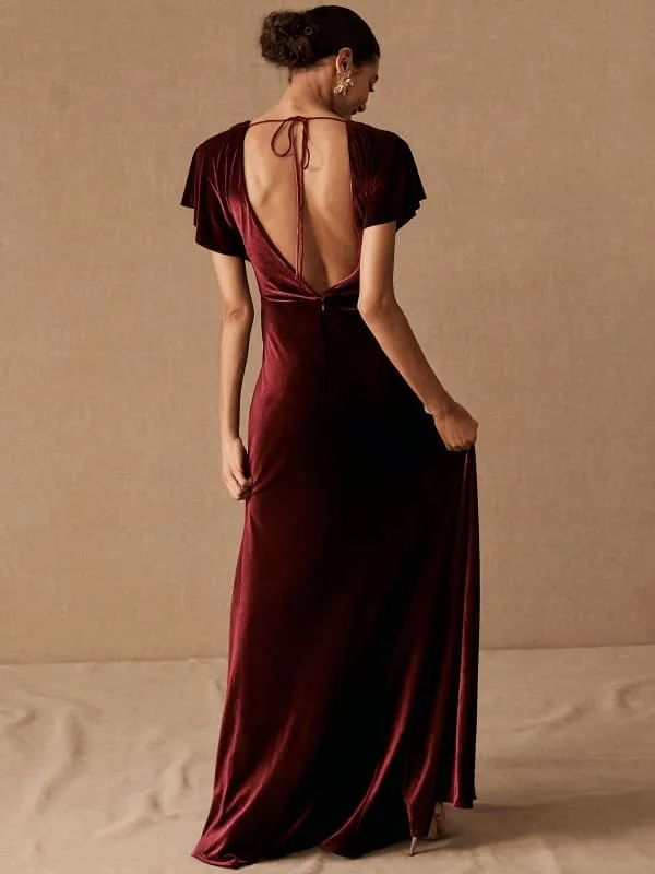 Green Evening Dress A-Line V-Neck Short Sleeves Backless Pleated Velour Floor-Length Formal Dinner Dresses