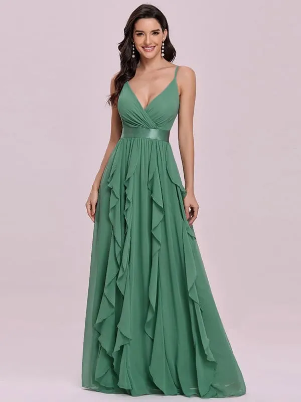Green Prom Dress A-Line V-Neck Sleeveless Backless Sash Floor Length Chiffon Wedding Guest Dresses