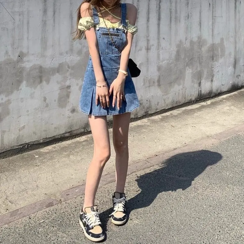 Kawaii Blue Denim Pleated Dress