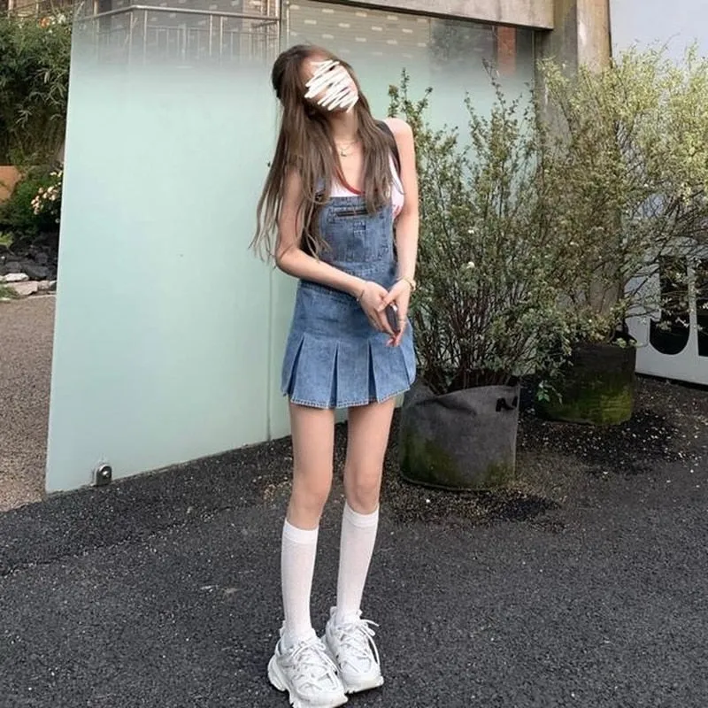 Kawaii Blue Denim Pleated Dress