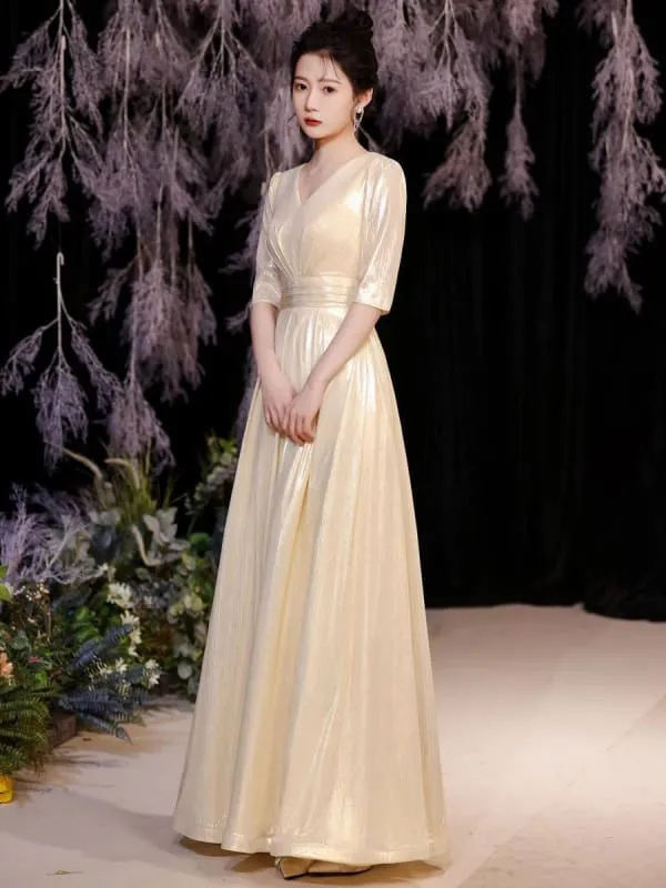 Light Blond Evening Dress A-Line V-Neck Half Sleeves Lace-Up Sequined Floor-Length Formal Dinner Dresses