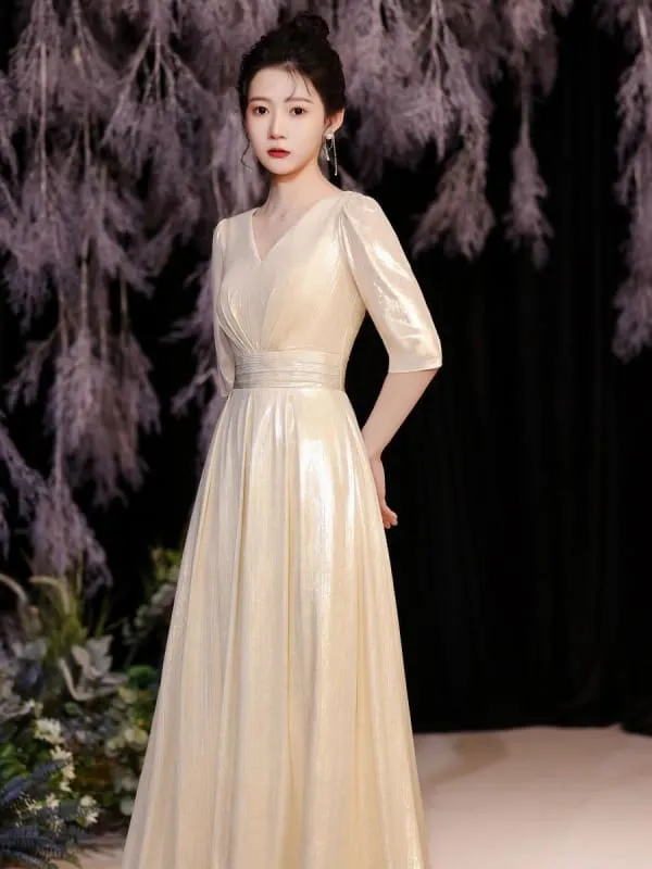 Light Blond Evening Dress A-Line V-Neck Half Sleeves Lace-Up Sequined Floor-Length Formal Dinner Dresses
