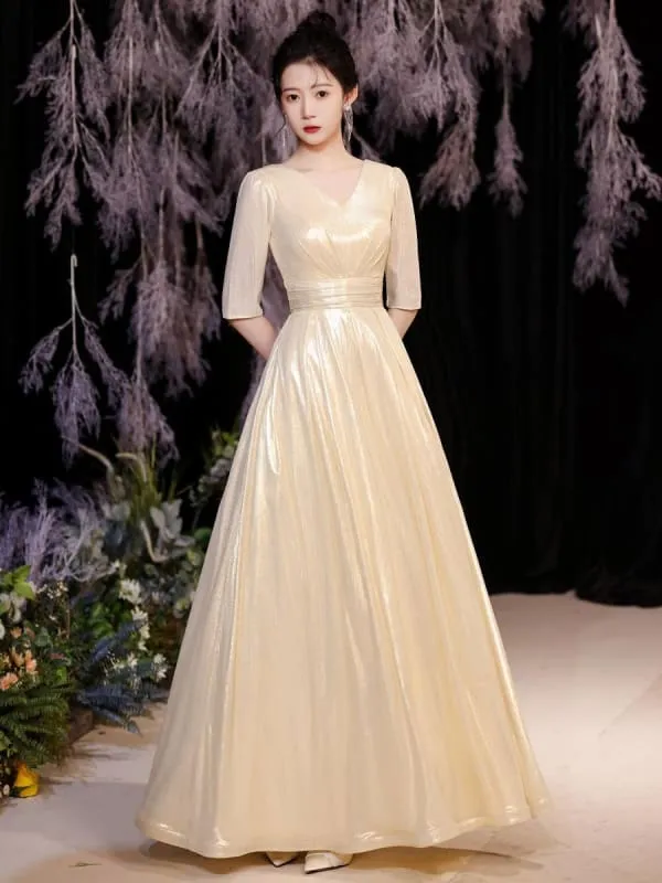 Light Blond Evening Dress A-Line V-Neck Half Sleeves Lace-Up Sequined Floor-Length Formal Dinner Dresses