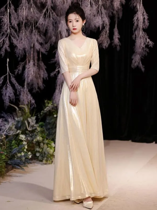 Light Blond Evening Dress A-Line V-Neck Half Sleeves Lace-Up Sequined Floor-Length Formal Dinner Dresses