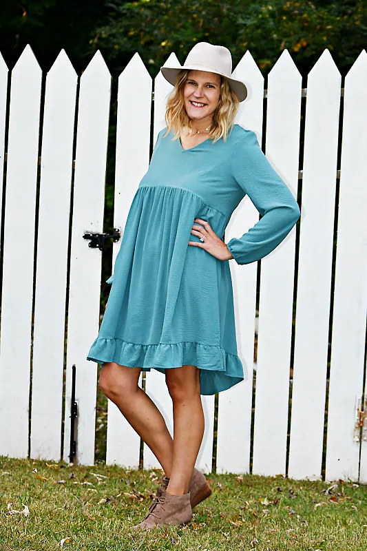 Long Sleeve Empire Waist Dress in Seafoam