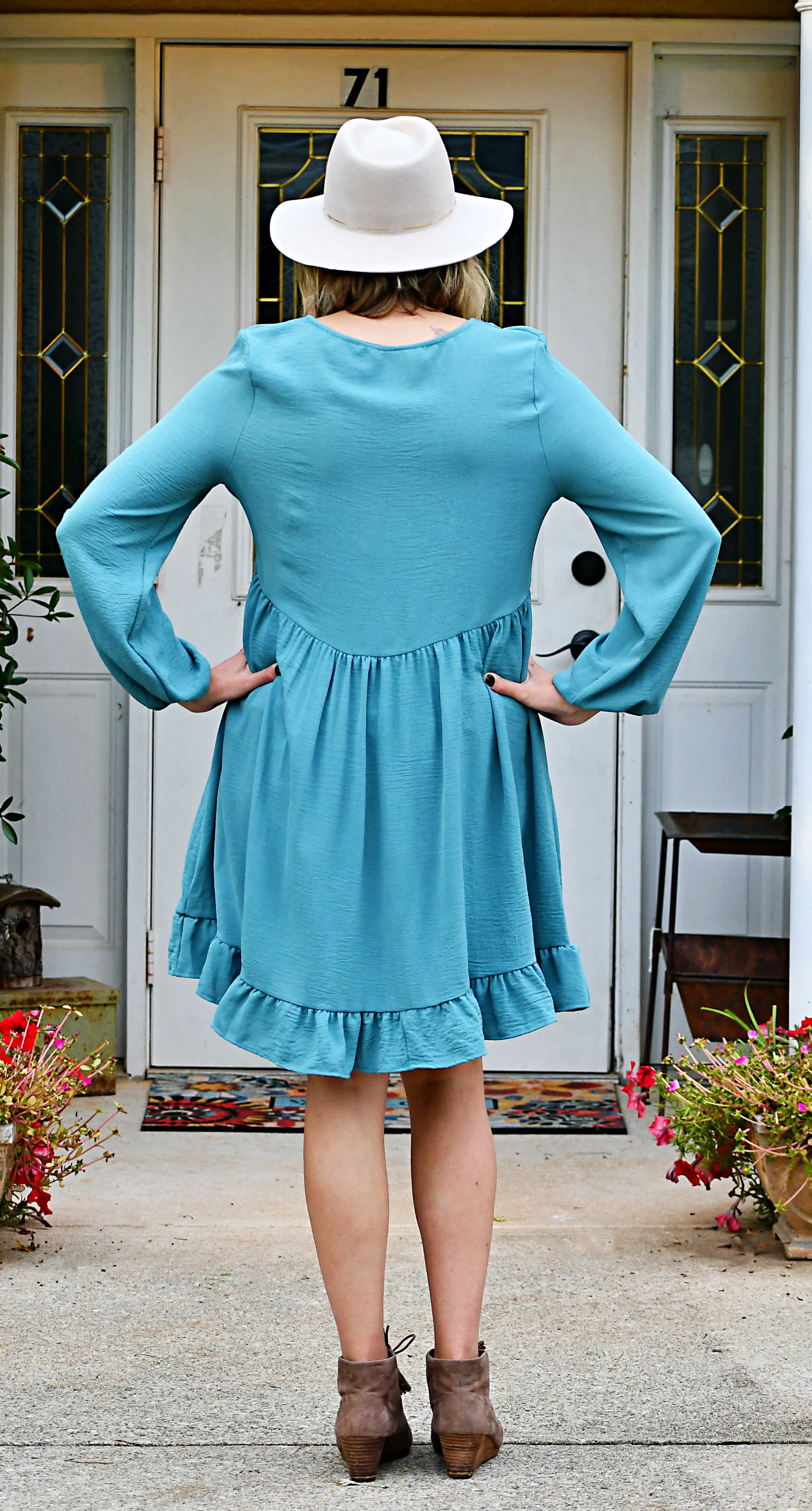 Long Sleeve Empire Waist Dress in Seafoam