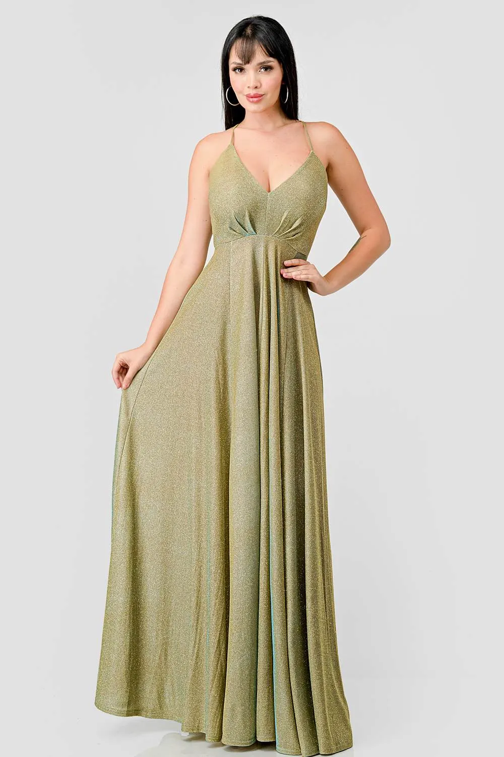LUXE GLITTER DRAWSTRING LACE BACK EVENING DRESS
