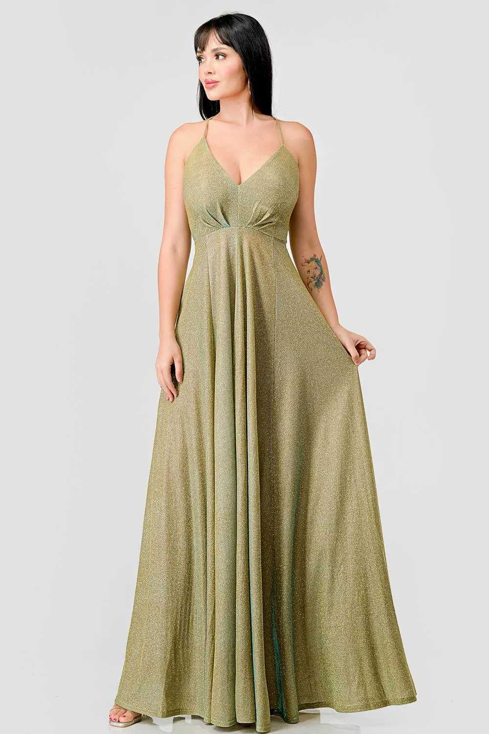 LUXE GLITTER DRAWSTRING LACE BACK EVENING DRESS