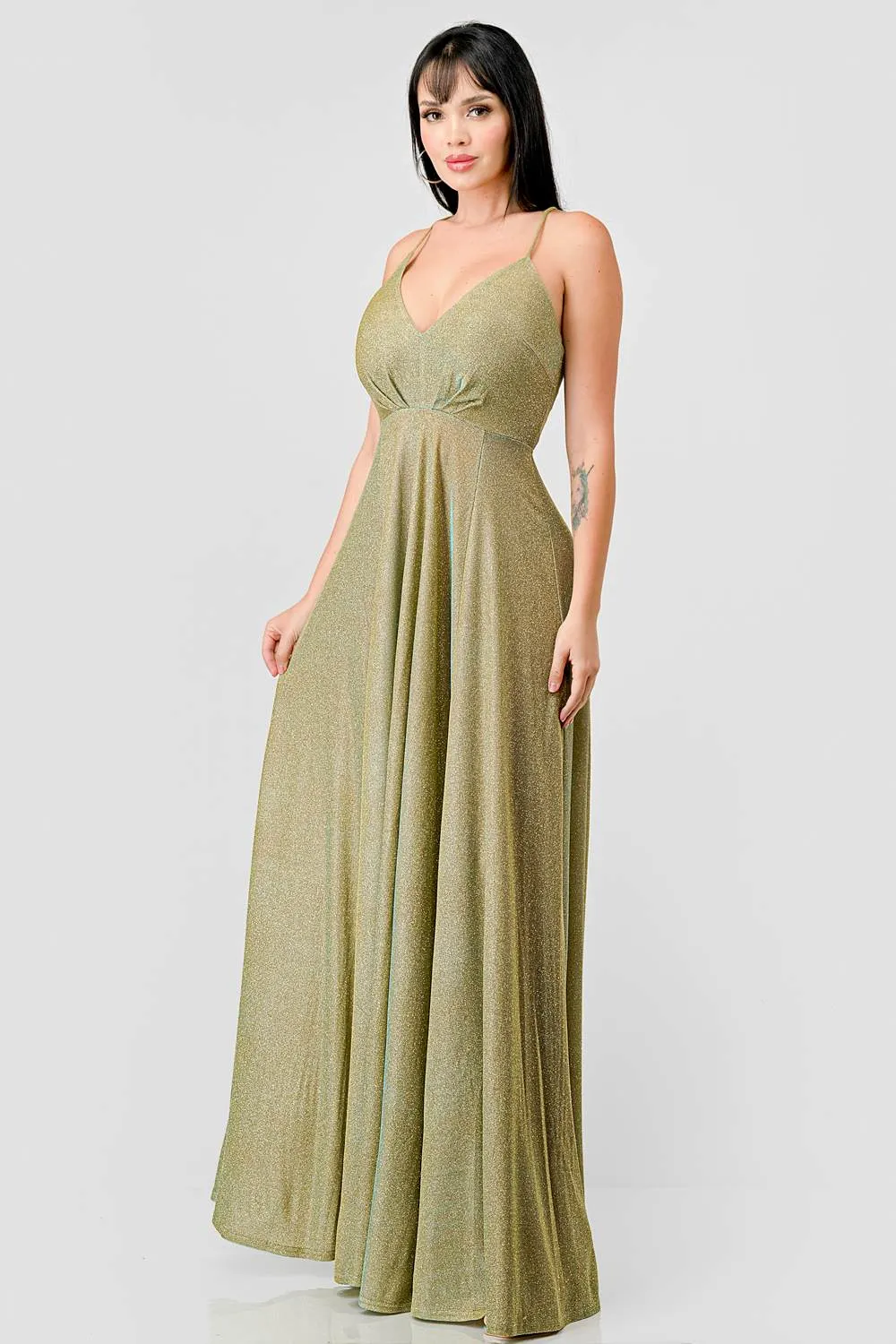 LUXE GLITTER DRAWSTRING LACE BACK EVENING DRESS