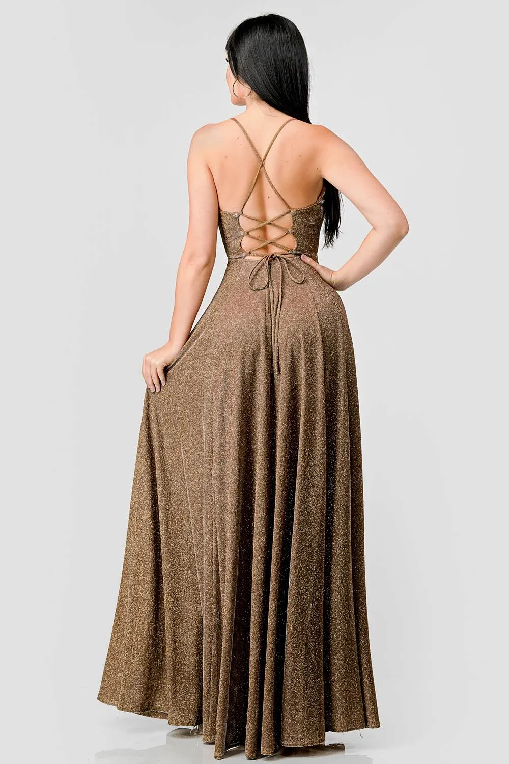LUXE GLITTER DRAWSTRING LACE BACK EVENING DRESS