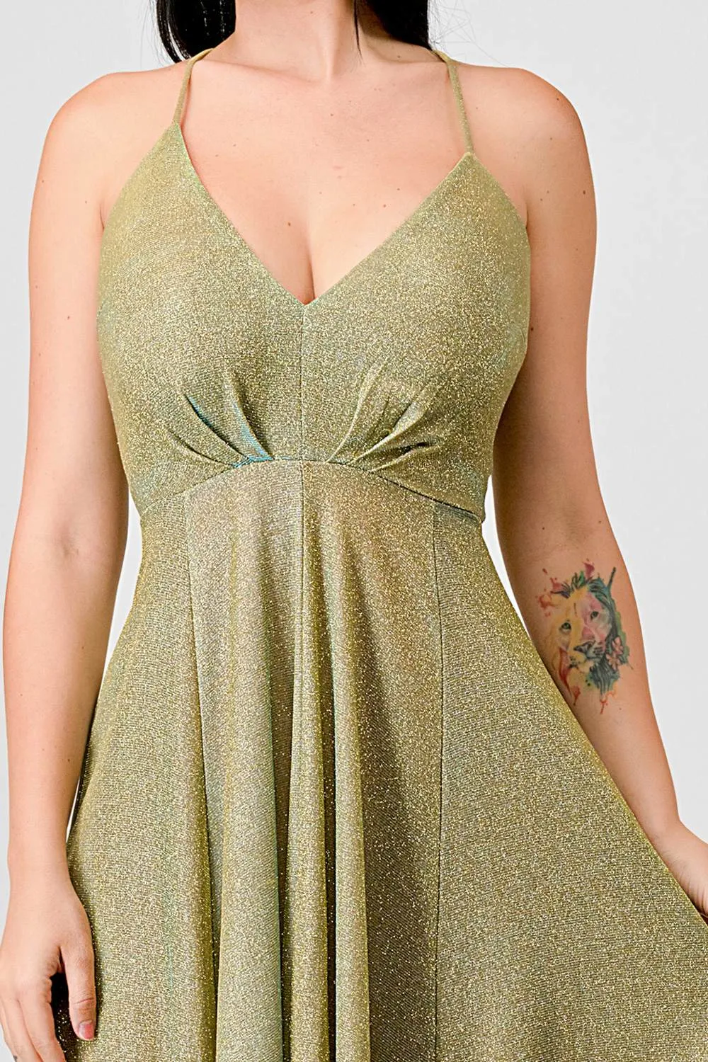 LUXE GLITTER DRAWSTRING LACE BACK EVENING DRESS
