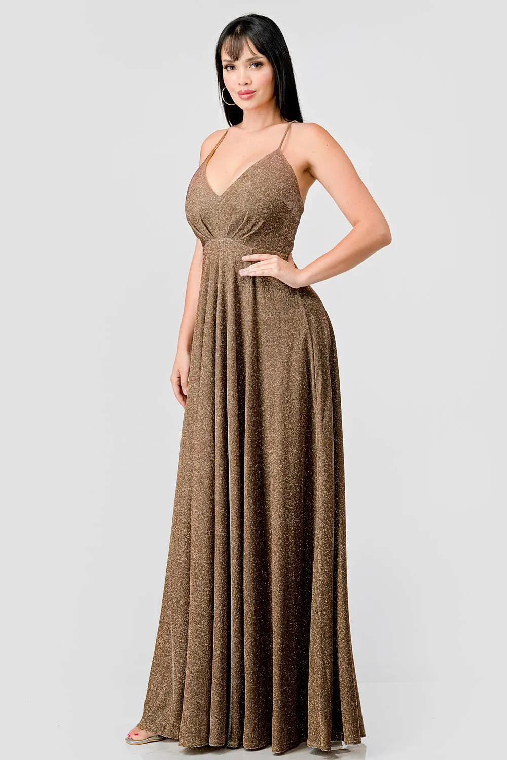 LUXE GLITTER DRAWSTRING LACE BACK EVENING DRESS