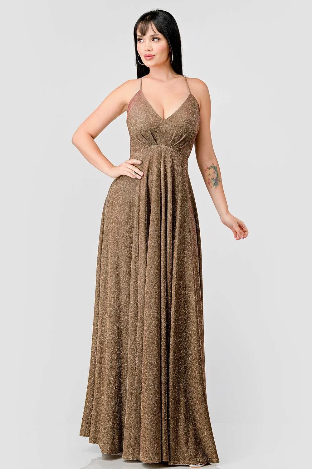 LUXE GLITTER DRAWSTRING LACE BACK EVENING DRESS