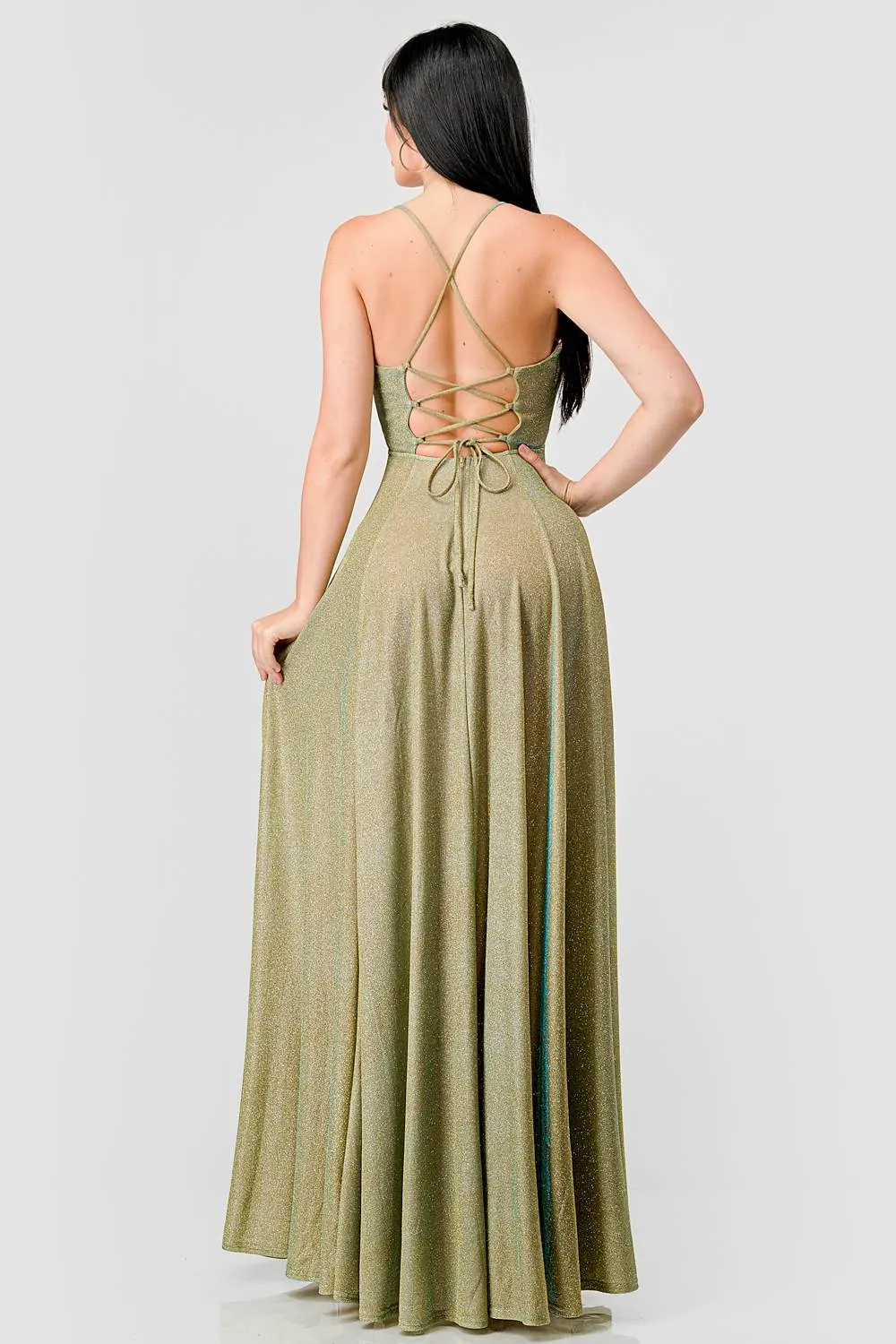 LUXE GLITTER DRAWSTRING LACE BACK EVENING DRESS