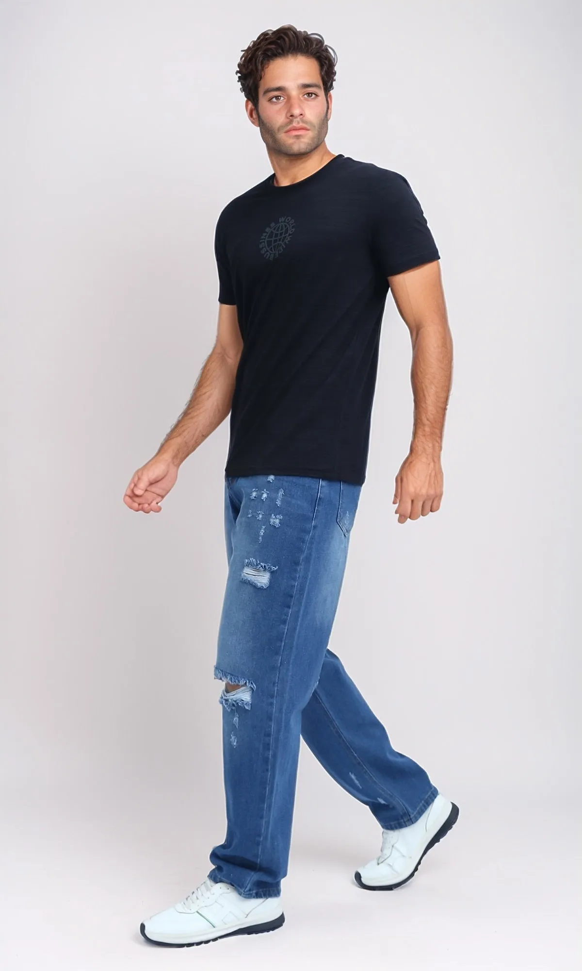 O199301 - Fashionable Cotton Ripped Jeans - Jeans Blue