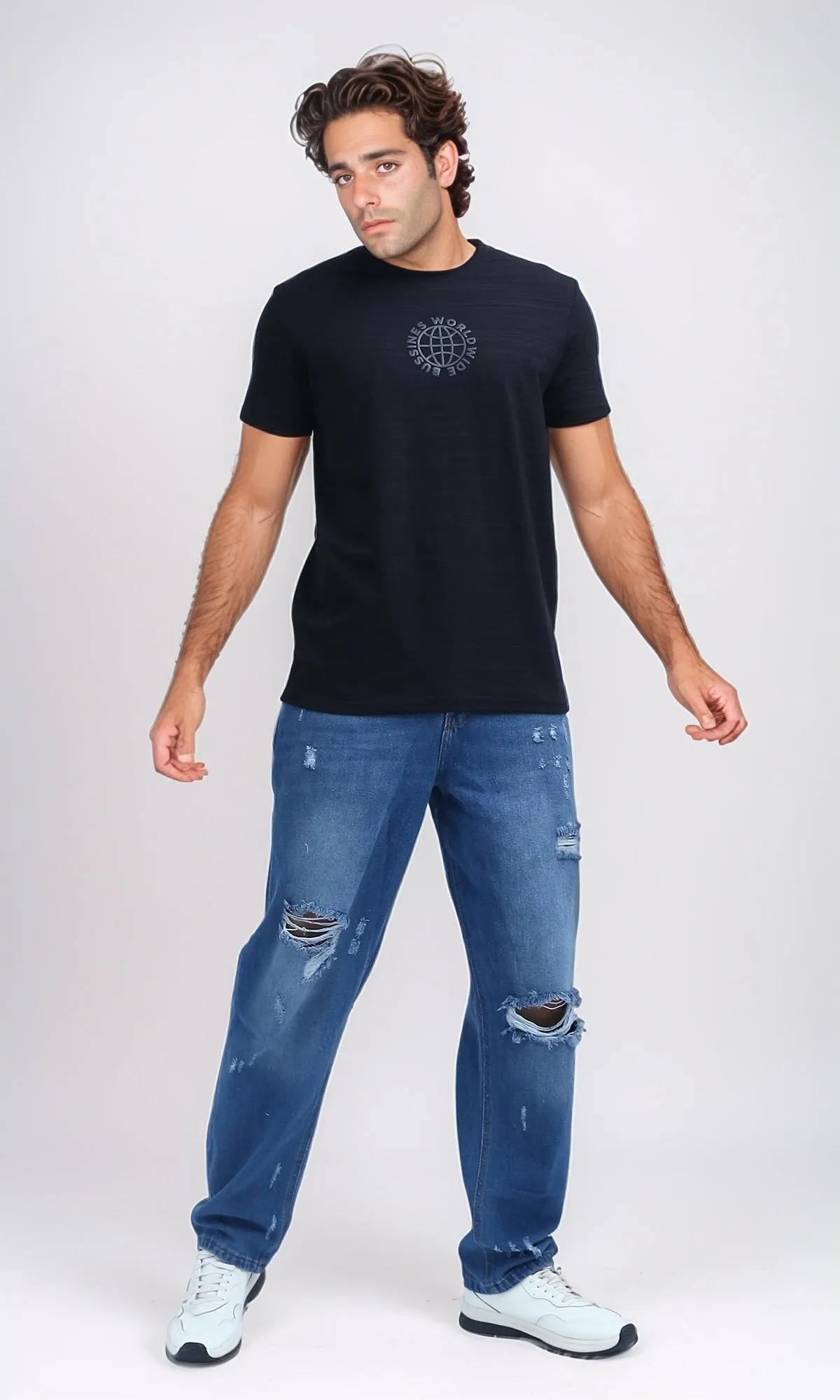 O199301 - Fashionable Cotton Ripped Jeans - Jeans Blue