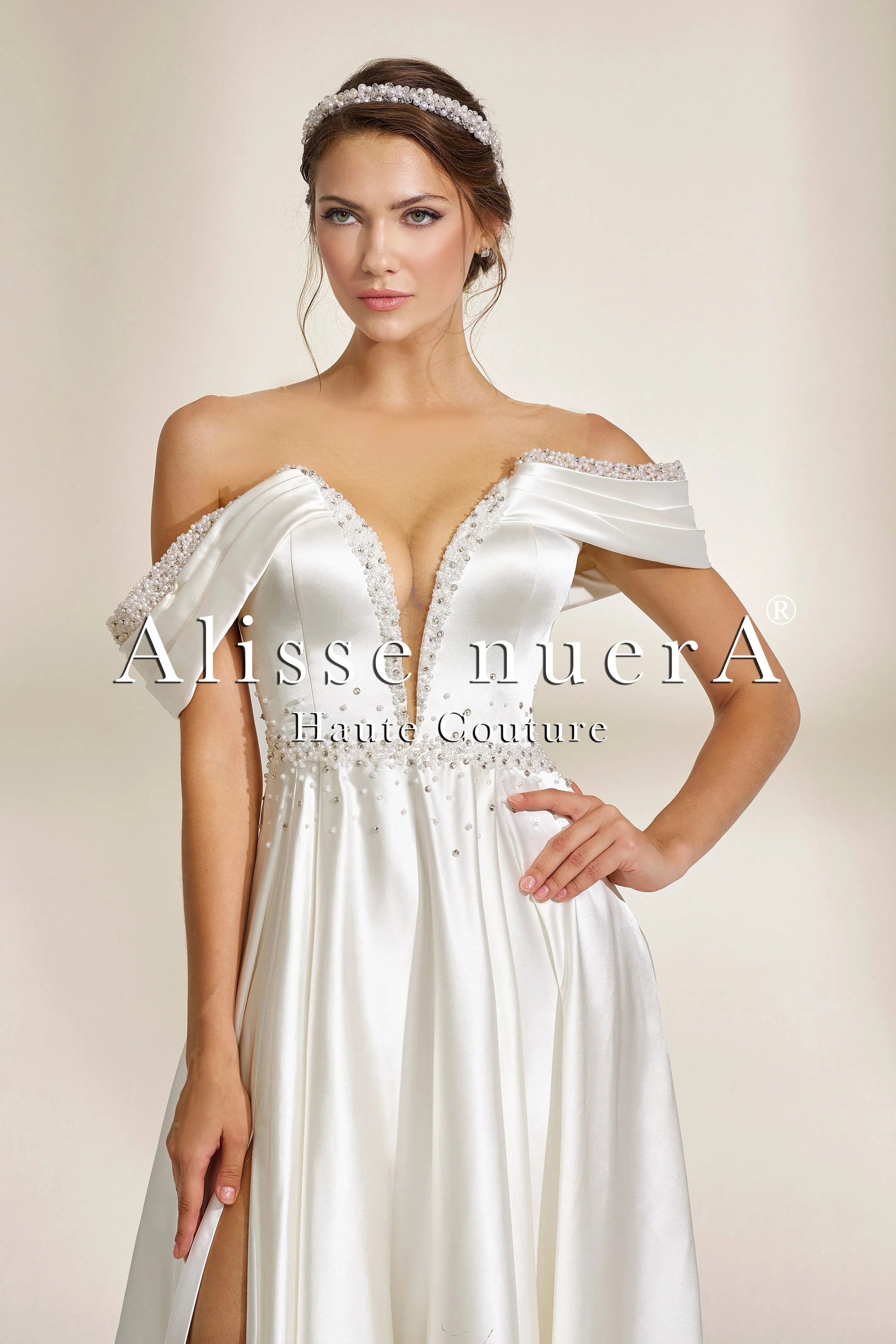 Off the Shoulder Satin Wedding Dress with Beaded Deep V Neckline