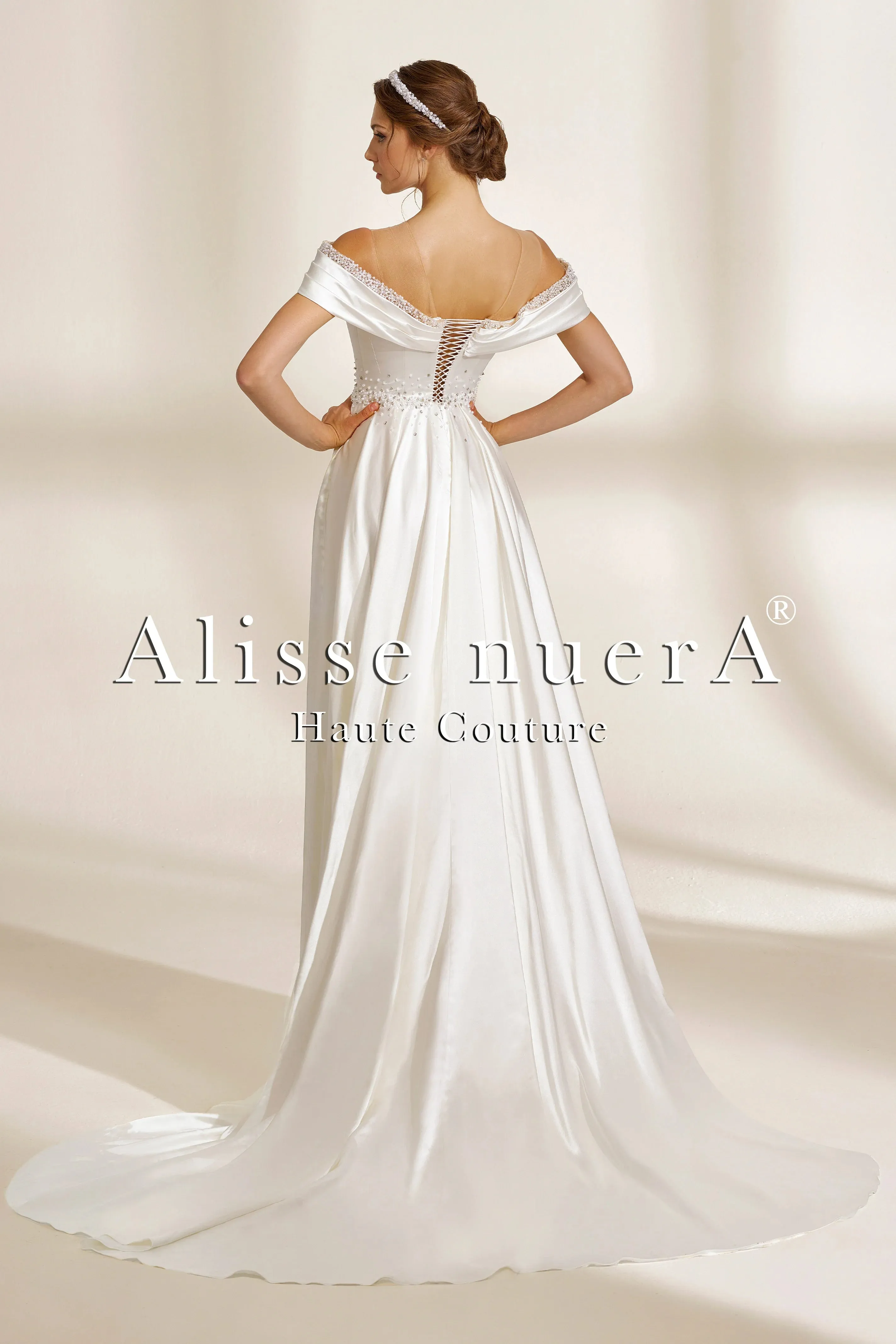 Off the Shoulder Satin Wedding Dress with Beaded Deep V Neckline