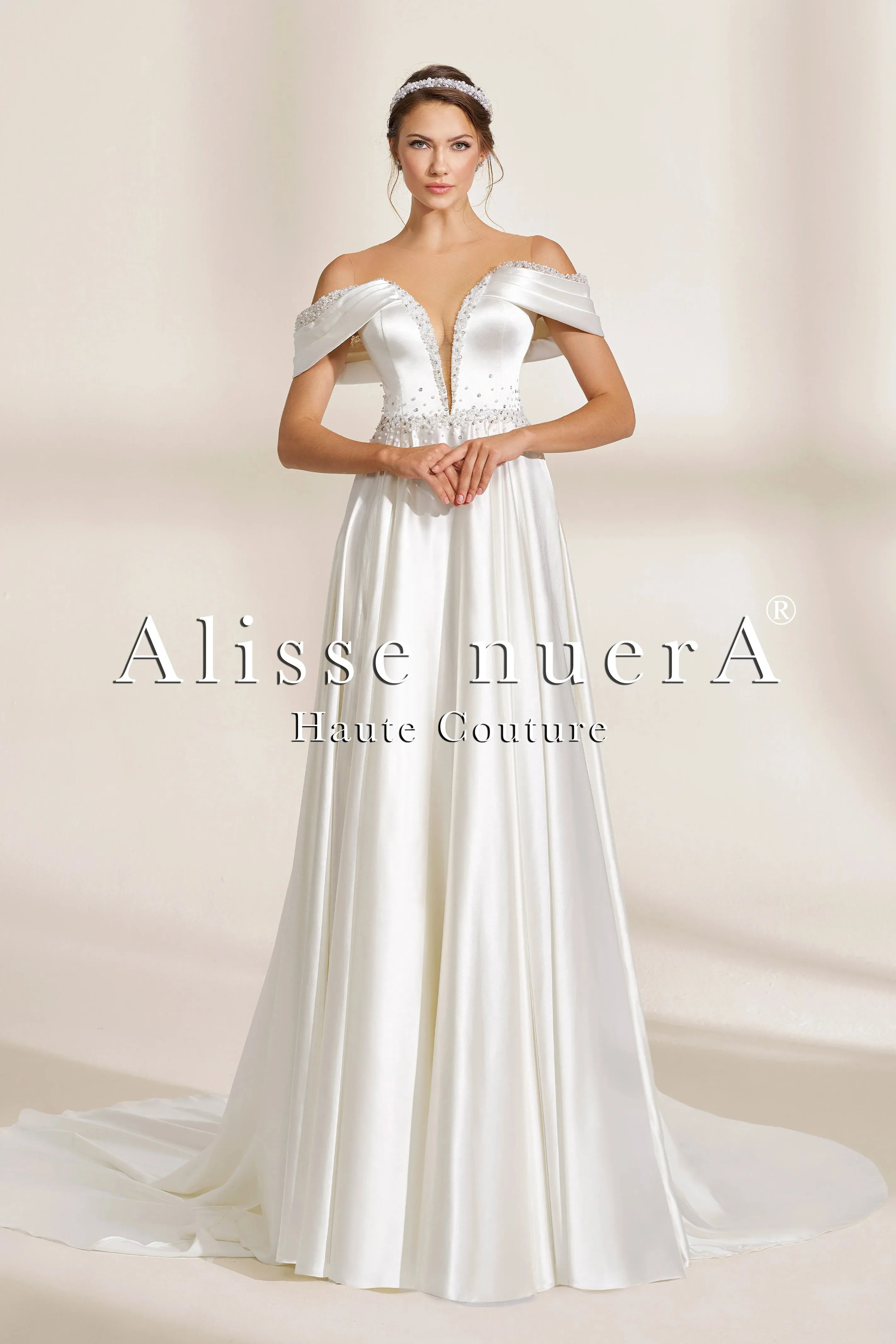 Off the Shoulder Satin Wedding Dress with Beaded Deep V Neckline