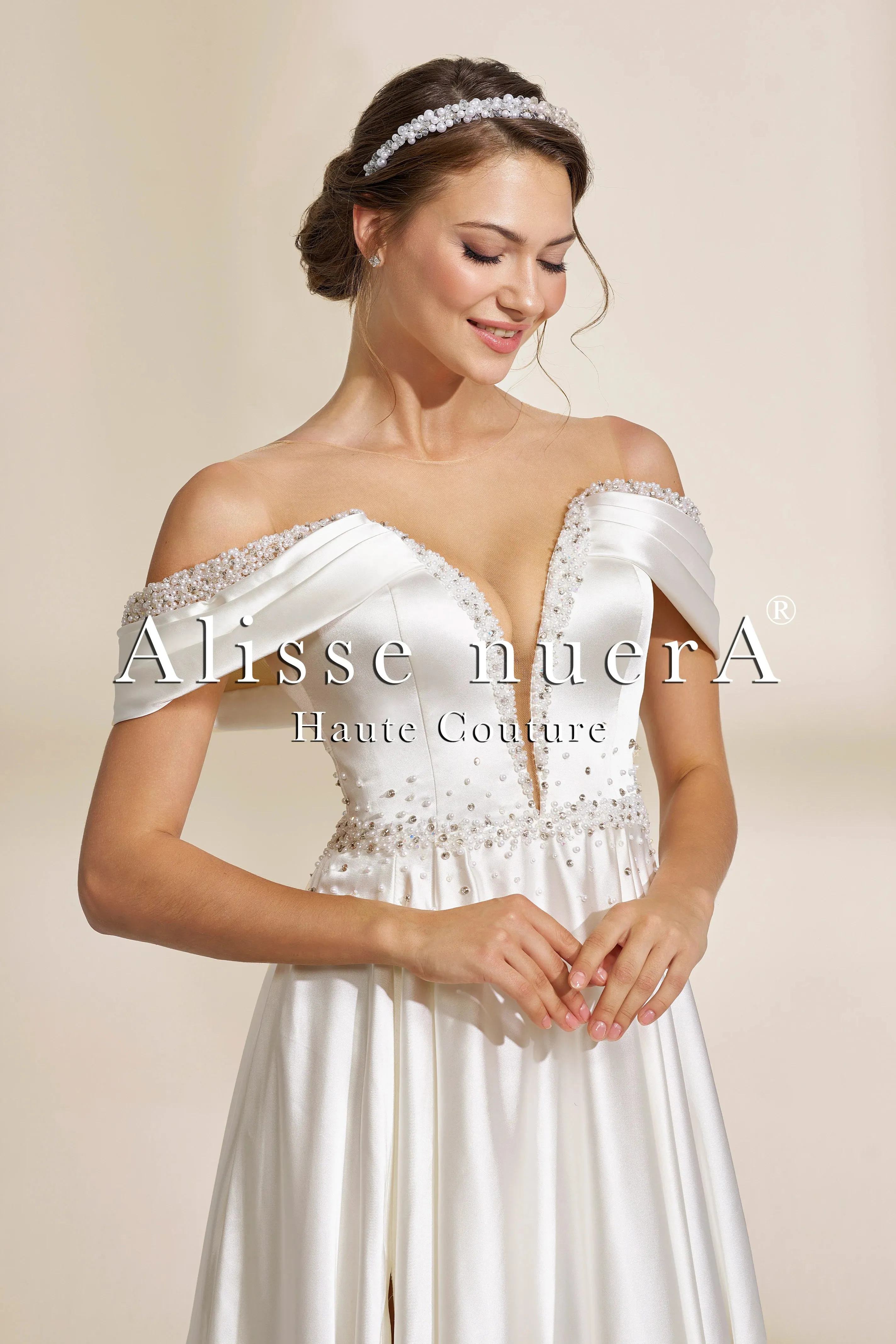 Off the Shoulder Satin Wedding Dress with Beaded Deep V Neckline