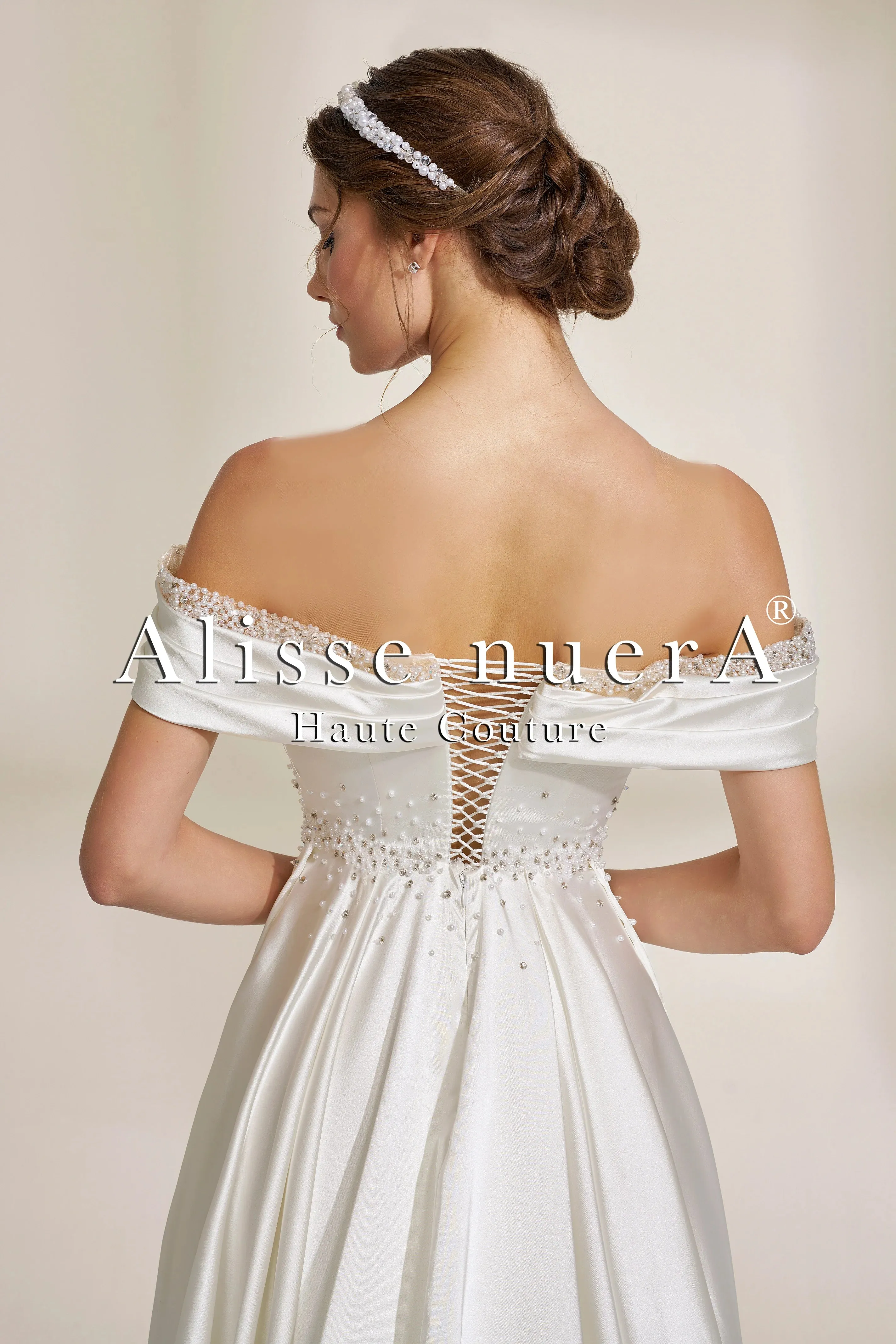 Off the Shoulder Satin Wedding Dress with Beaded Deep V Neckline