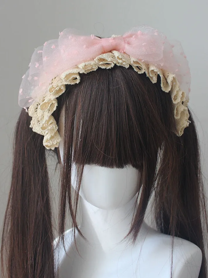 Pink Big Bow Polka-Dot Pattern Lace Trim Beige KC